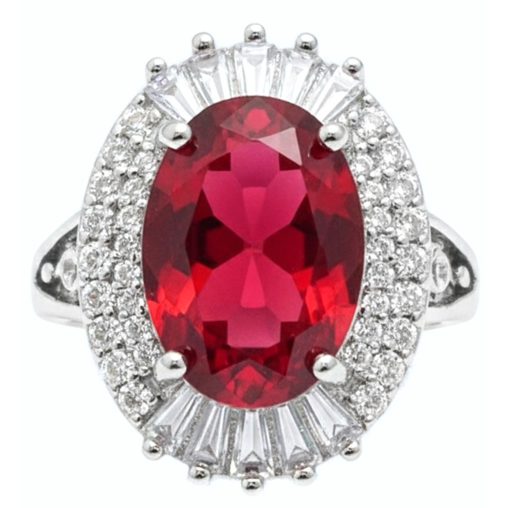 Ruby Red Art Deco Style Cubic Zirconia Halo Statement Ring 18K White Gold Filled